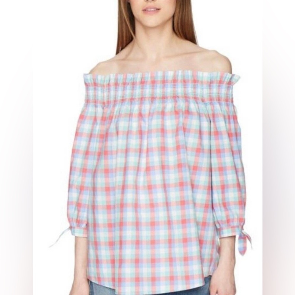 NWOT Kate Spade Plaid 💯Cotton OffShoulder 3/4 Sleeves Bow Ties Ruffles S…